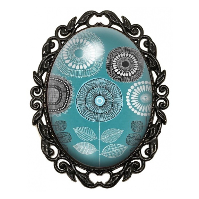 Broche Noire avec Cabochon en Verre Fleurs Graphiques Turquoise
