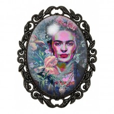 Broche Noire avec Cabochon en Verre Frida Kahlo pour la Création de Bijoux Fantaisie - DIY