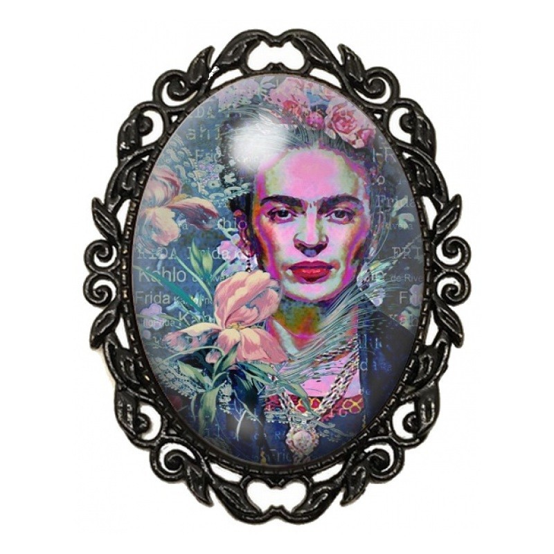 Broche Noire avec Cabochon en Verre Frida Kahlo au Portrait Floral Coloré
