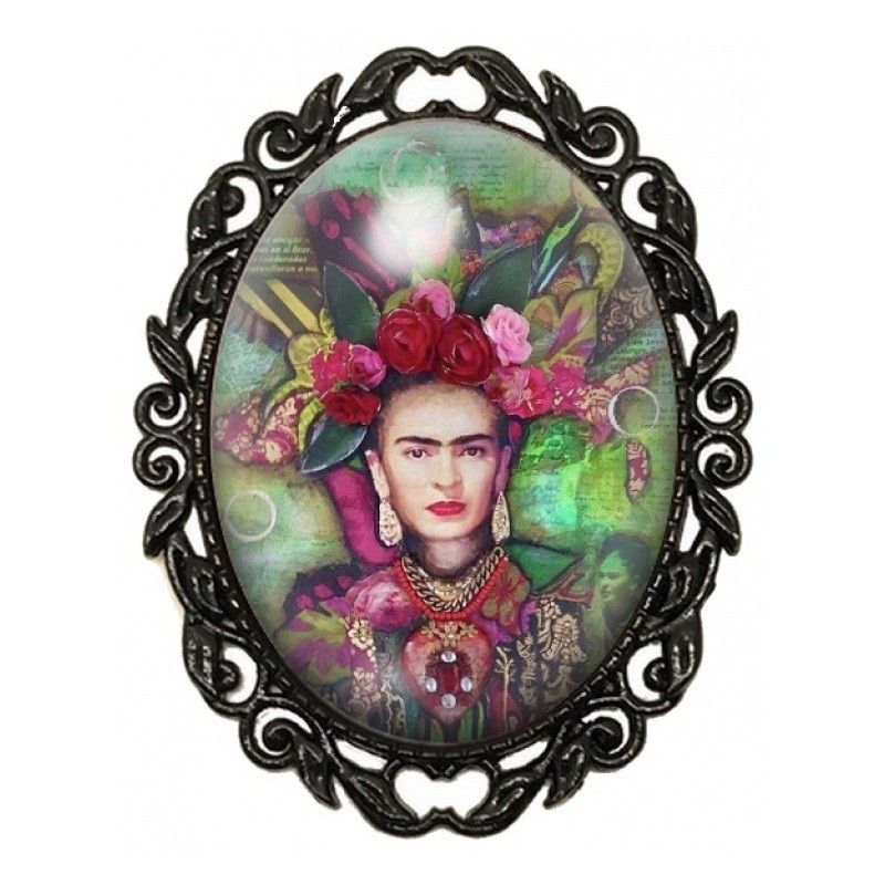 Broche Noire avec Cabochon en Verre Frida Kahlo à la Couronne de Roses