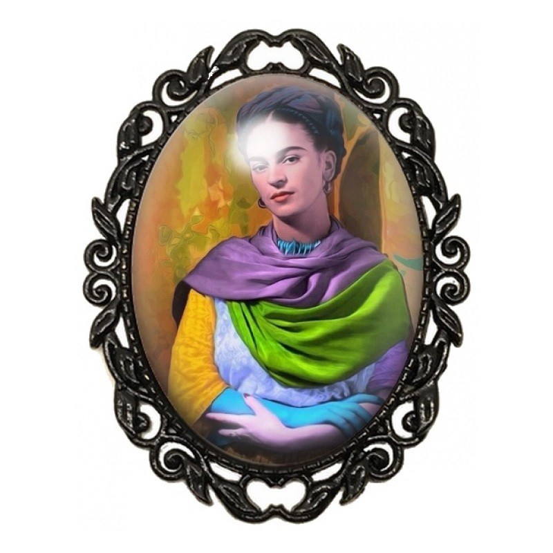 Broche Noire avec Cabochon en Verre Frida Kahlo