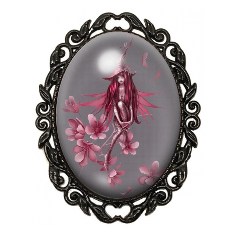 Broche Noire avec Cabochon en Verre Fée Rouge parmi les Fleurs