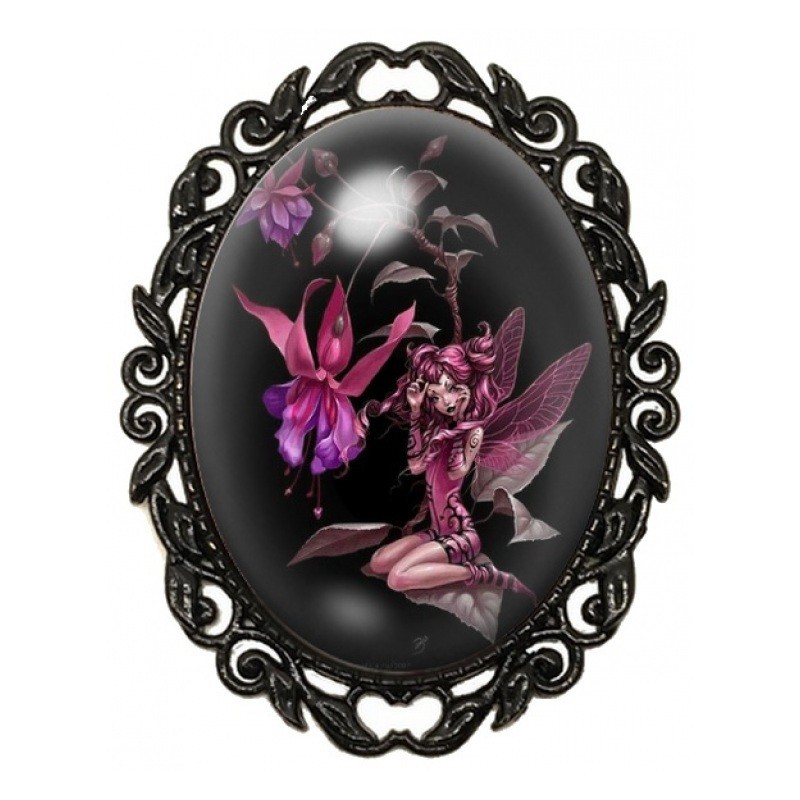 Broche Noire avec Cabochon en Verre Fée Rose Heroic Fantasy