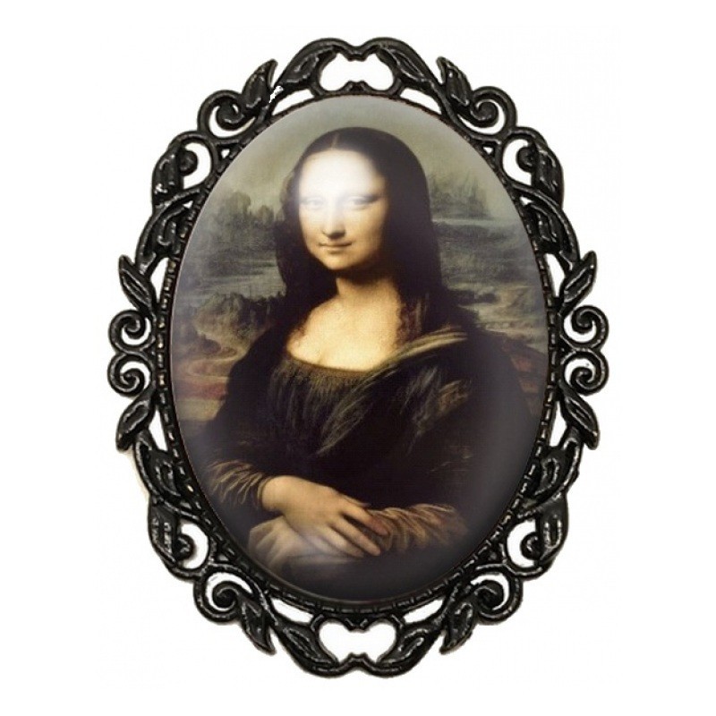 Broche Noire avec Cabochon en Verre La Joconde de Léonard de Vinci