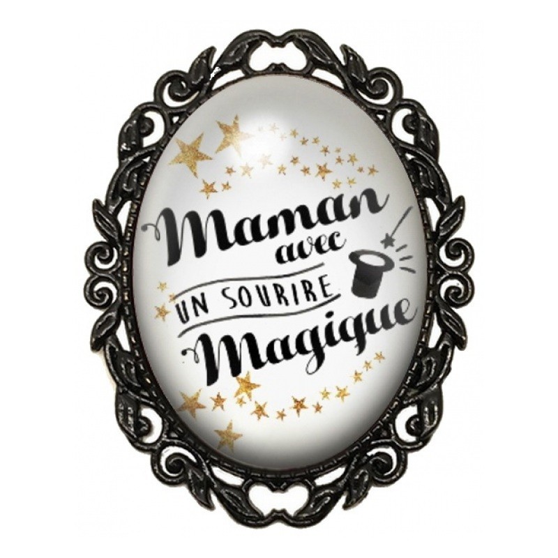Broche Noire avec Cabochon en Verre Maman avec un Sourire Magique