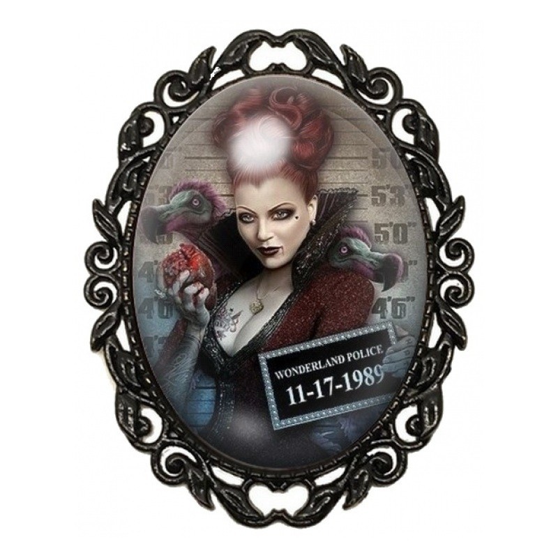 Broche Noire avec Cabochon en Verre Reine de Coeur Alice Coupable