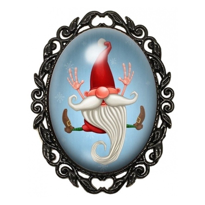 Broche Noire avec Cabochon en Verre Gnome de Noël Bondissant
