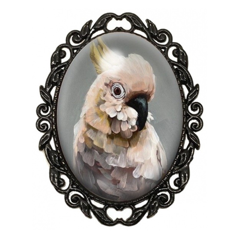Broche Noire avec Cabochon en Verre Cacatoès Rose Poudré
