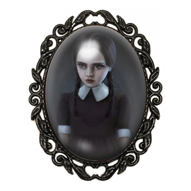 Broche Noire avec Cabochon en Verre Mercredi Gothique