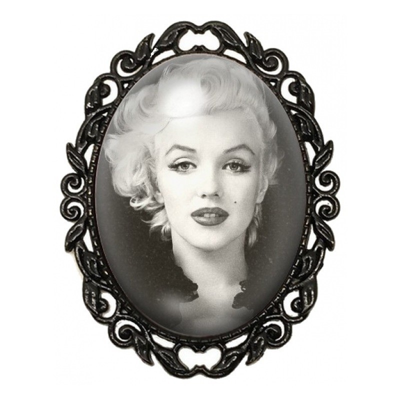 Broche Noire avec Cabochon en Verre Marilyn Monroe Noir et Blanc