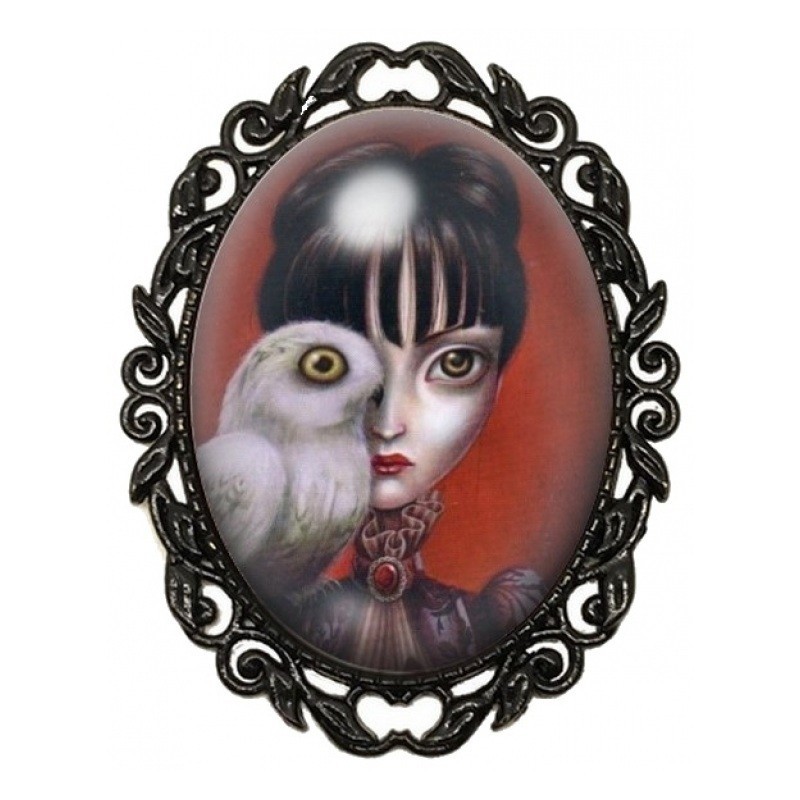 Broche Noire avec Cabochon en Verre Jeune Femme et Chouette Blanche