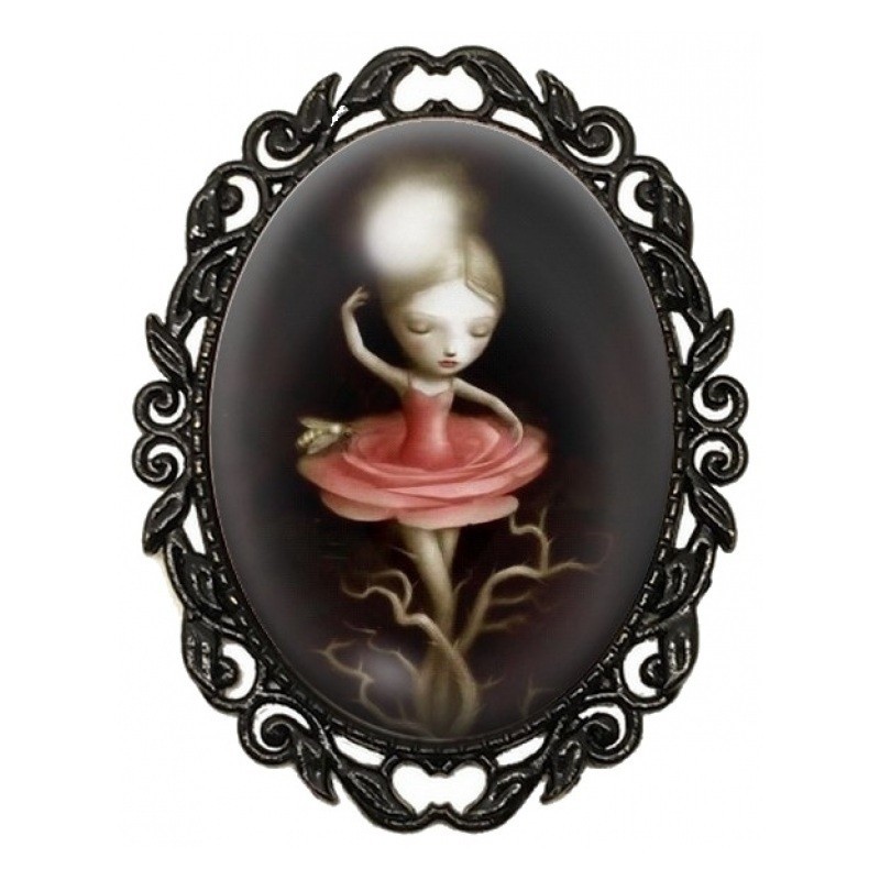 Broche Noire avec Cabochon en Verre Ballerine Fleur Rose