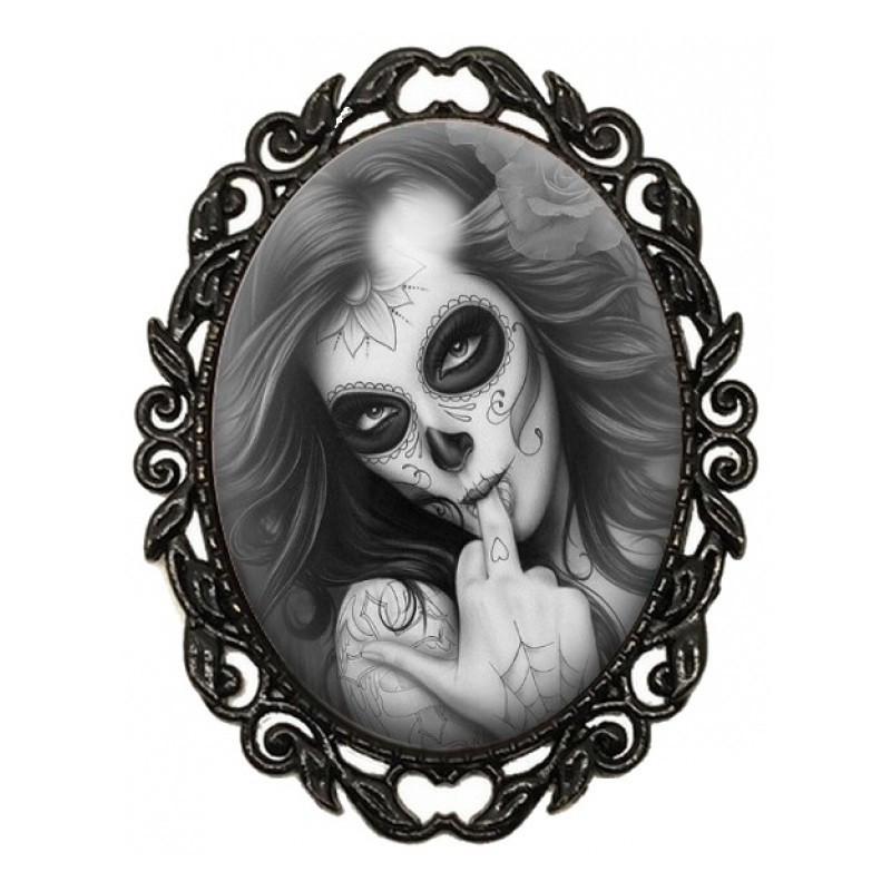 Broche Noire avec Cabochon en Verre Femme Calavera en Noir et Blanc