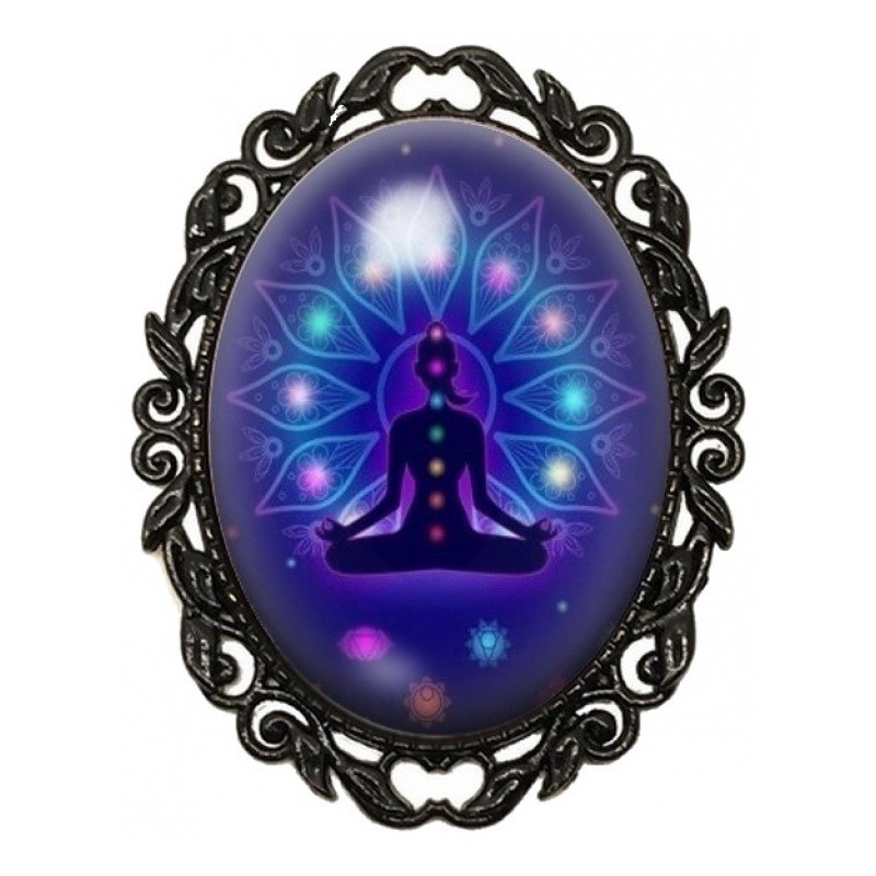 Broche Noire avec Cabochon en Verre Méditation aux Sept Chakras