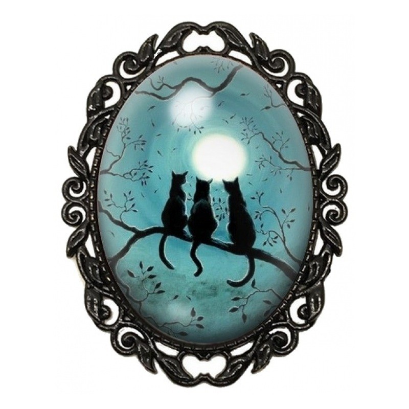 Broche Noire avec Cabochon en Verre Trois Chats sous la Lune