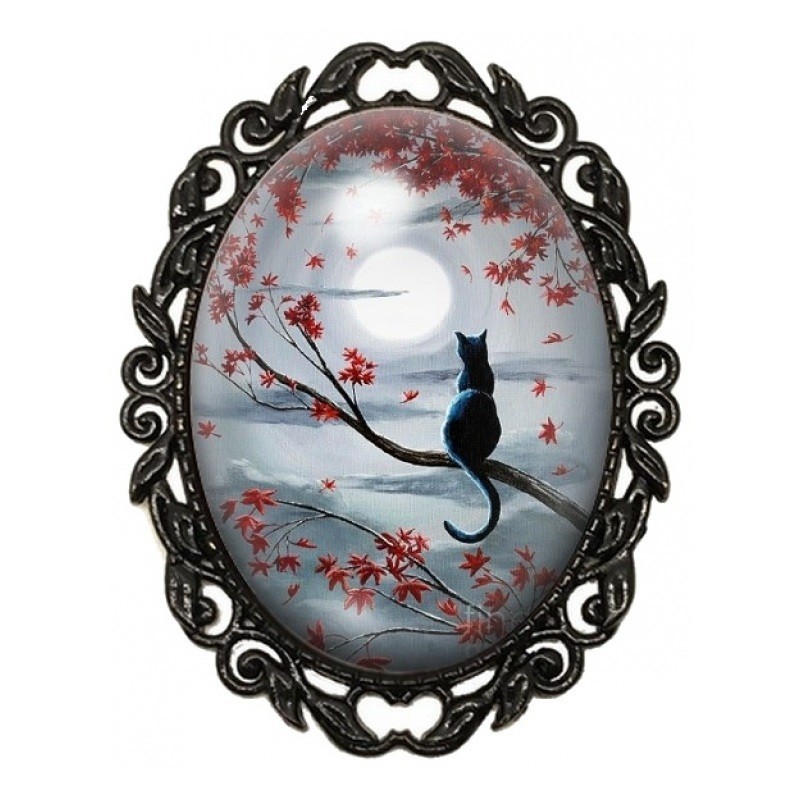 Broche Noire avec Cabochon en Verre Chat sous la Lune et Érable Rouge