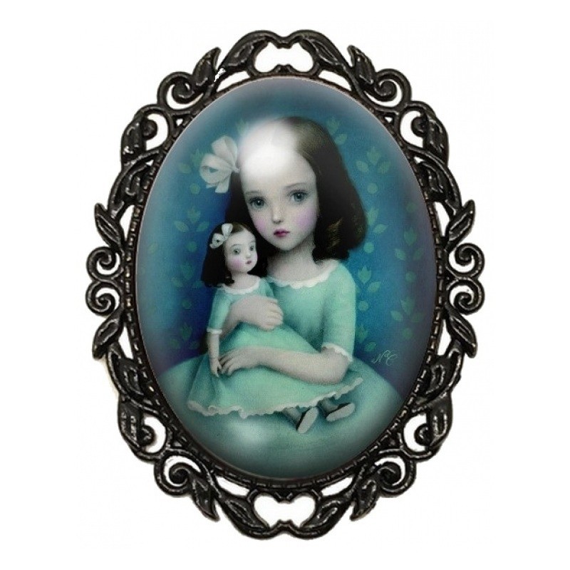 Broche Noire avec Cabochon en Verre Petite Fille et sa Poupée