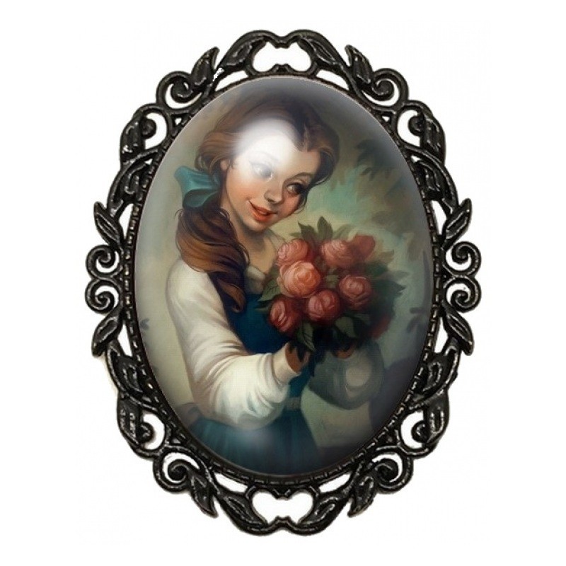 Broche Noire avec Cabochon en Verre Princesse aux Roses