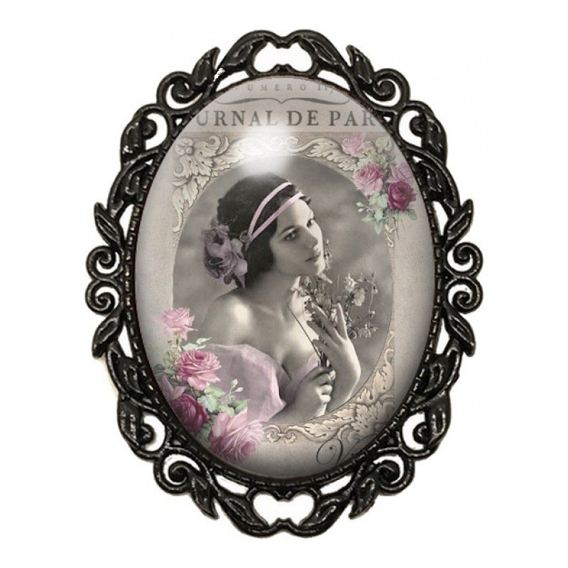 Broche Noire avec Cabochon en Verre Parisienne Vintage aux Roses