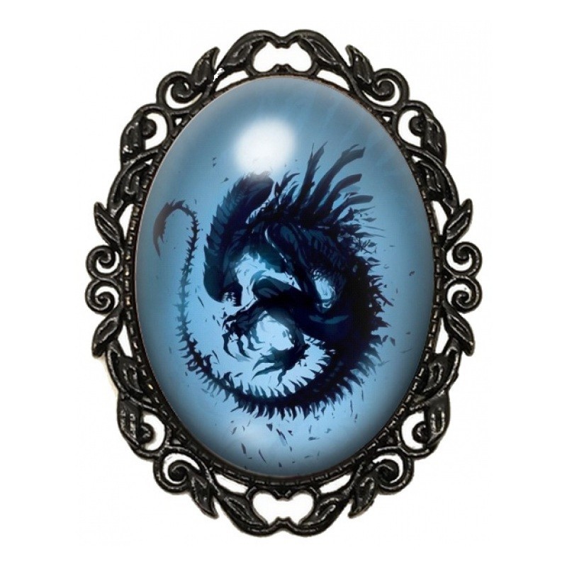 Broche Noire avec Cabochon en Verre Alien Bleu en Silhouette
