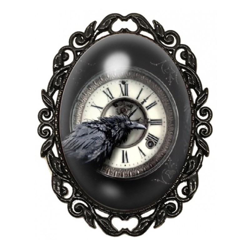 Broche Noire avec Cabochon en Verre Corbeau Horloge Gothique