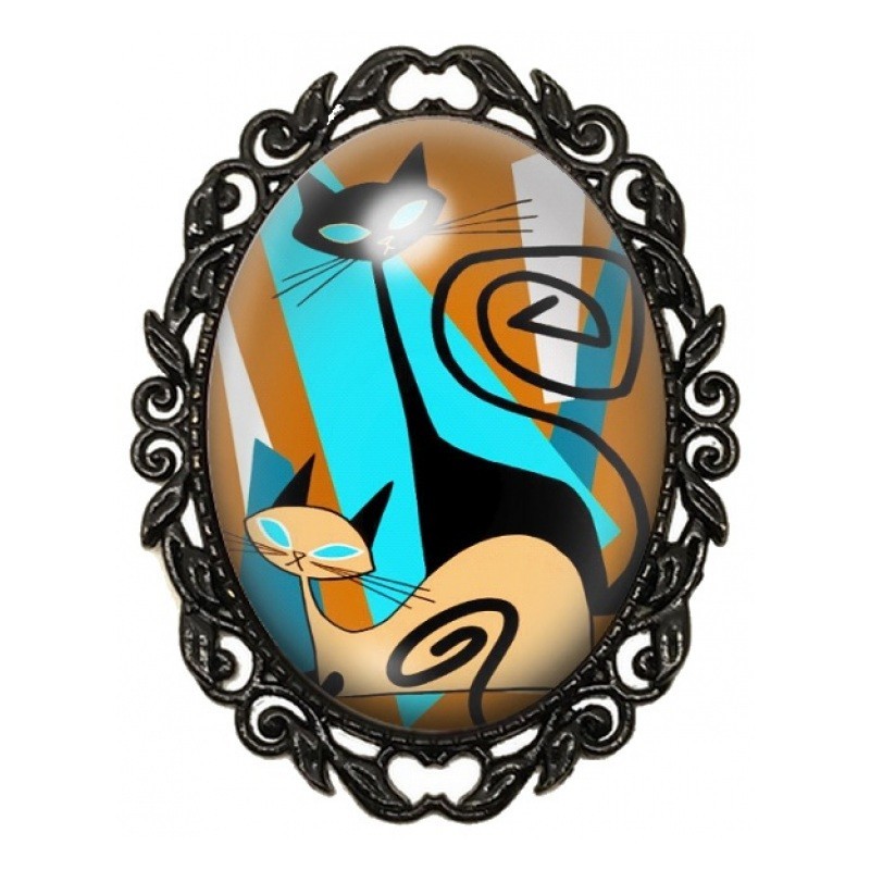 Broche Noire avec Cabochon en Verre Chats Graphiques Turquoise et Ocre