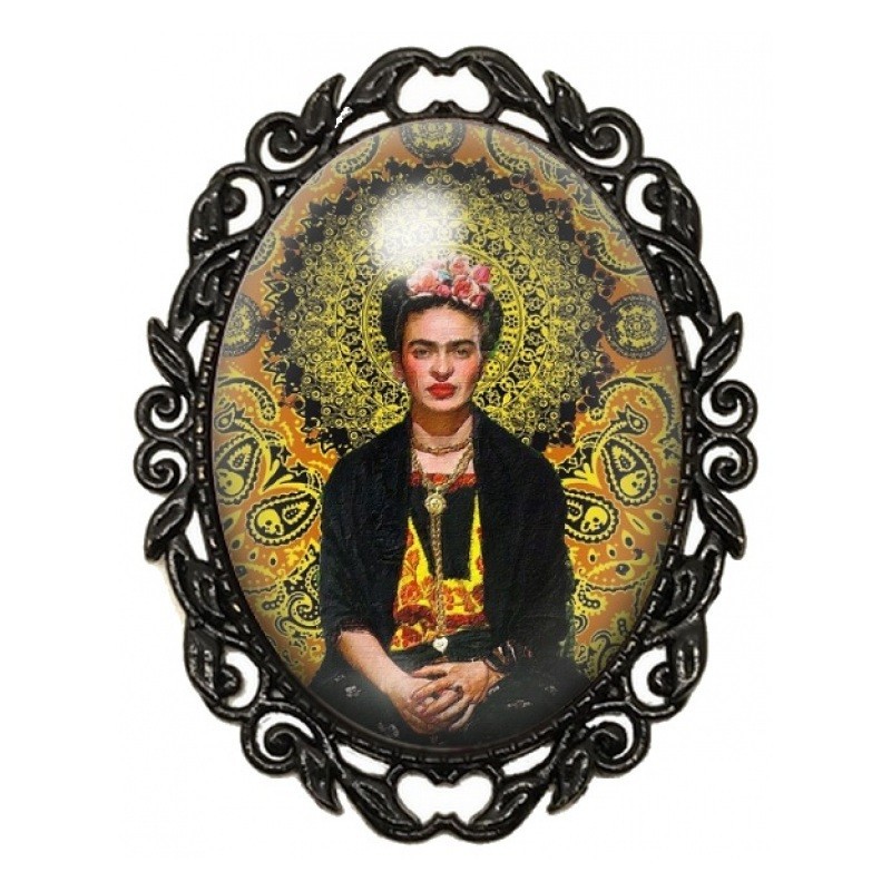 Broche Noire avec Cabochon en Verre Frida Kahlo au Fond Cachemire Doré