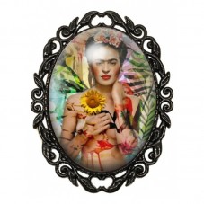 Broche Noire avec Cabochon en Verre Frida Kahlo pour la Création de Bijoux Fantaisie - DIY