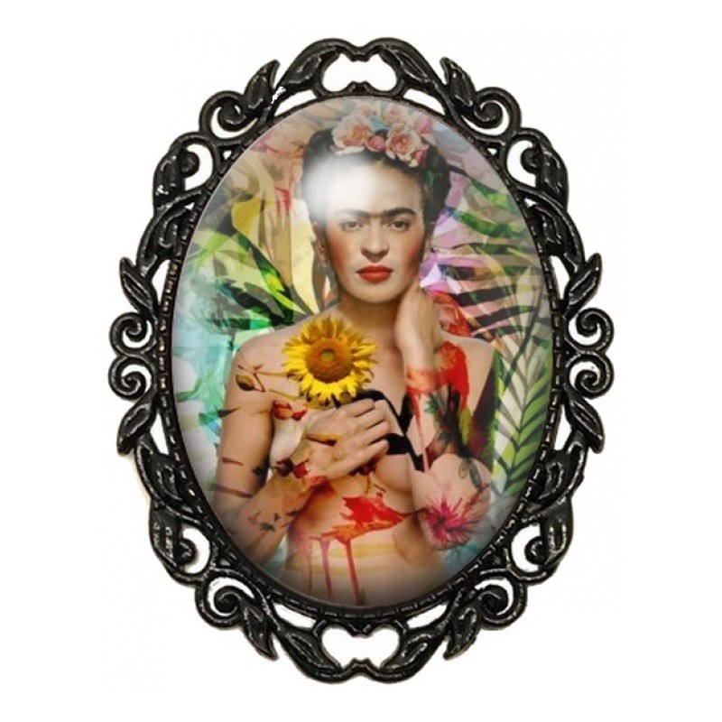 Broche Noire avec Cabochon en Verre Frida Kahlo au Tournesol