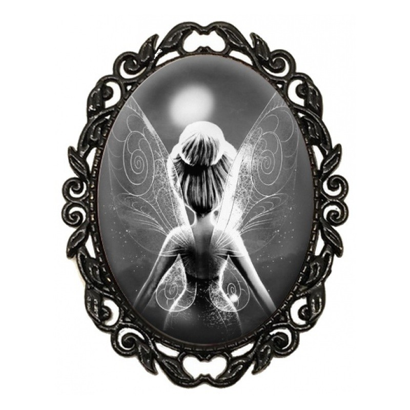 Broche Noire avec Cabochon en Verre Fée Clochette