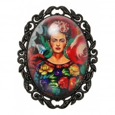 Broche Noire avec Cabochon en Verre Frida Kahlo pour la Création de Bijoux Fantaisie - DIY
