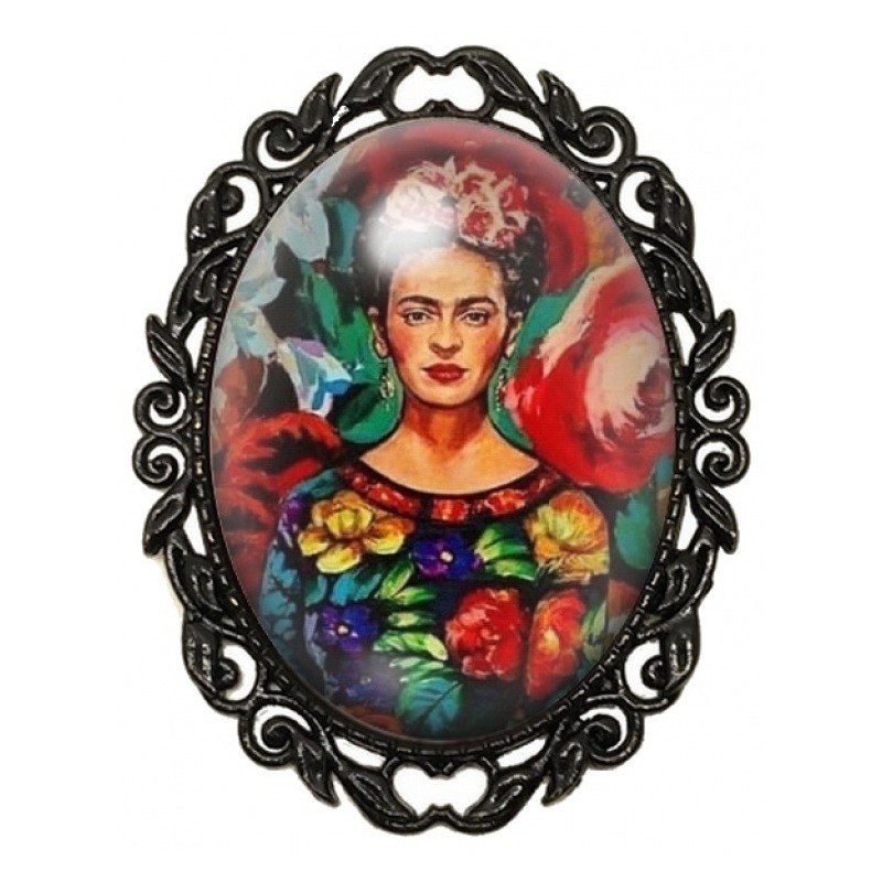 Broche Noire avec Cabochon en Verre Frida Kahlo à la Robe Fleurie