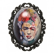 Broche Noire avec Cabochon en Verre Frida Kahlo pour la Création de Bijoux Fantaisie - DIY