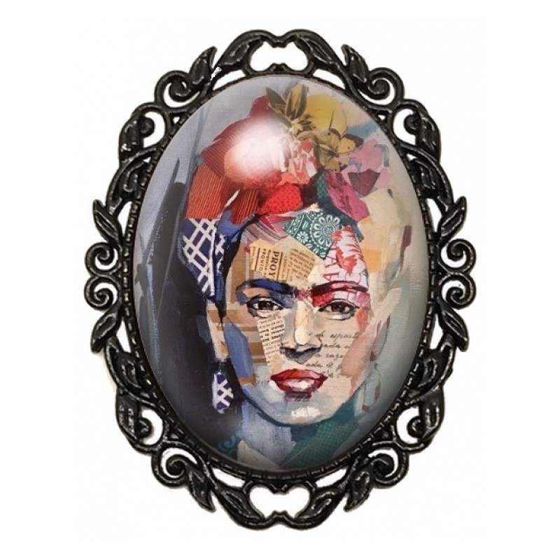 Broche Noire avec Cabochon en Verre Frida Kahlo