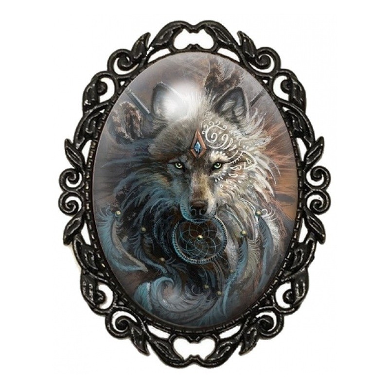 Broche Noire avec Cabochon en Verre Loup