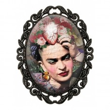 Broche Noire avec Cabochon en Verre Frida Kahlo pour la Création de Bijoux Fantaisie - DIY