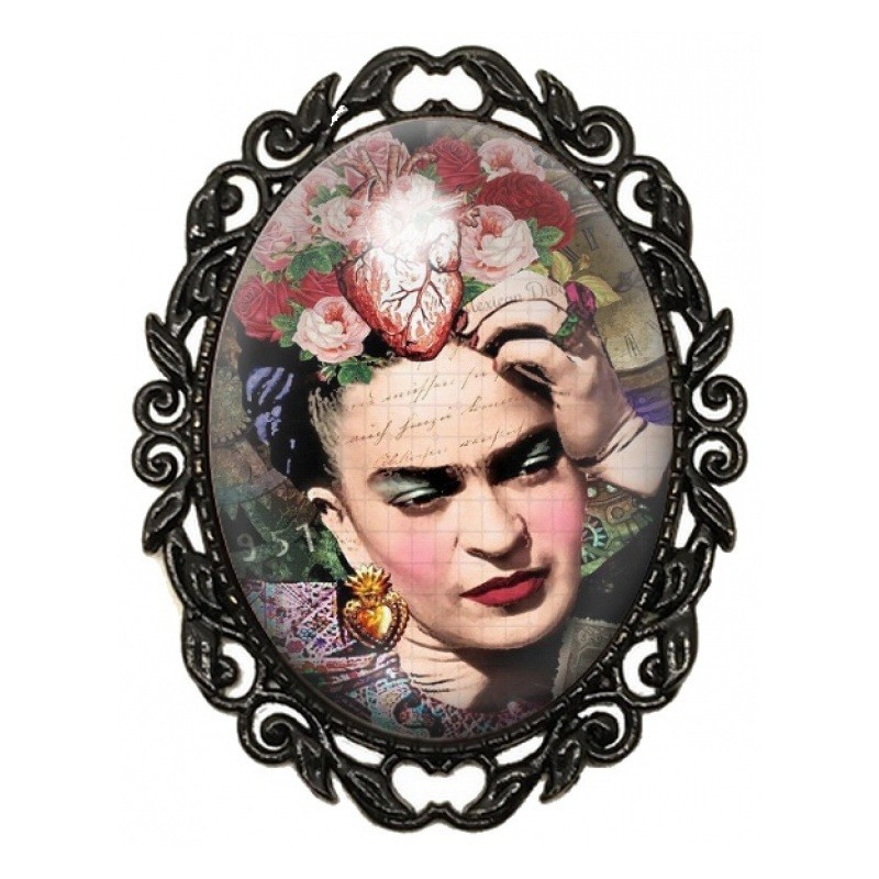 Broche Noire avec Cabochon en Verre Frida Kahlo au Cœur Fleuri