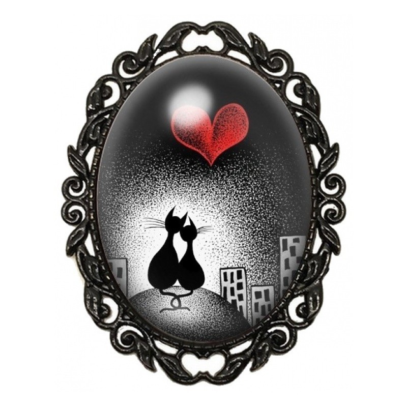Broche Noire avec Cabochon en Verre Chats Amoureux