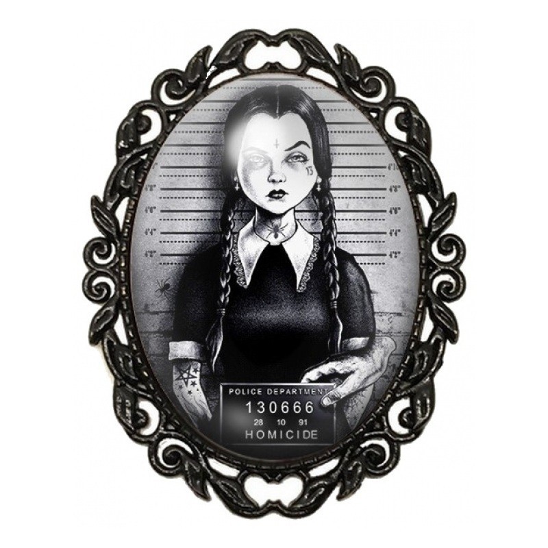 Broche Noire avec Cabochon en Verre Mercredi Gothique