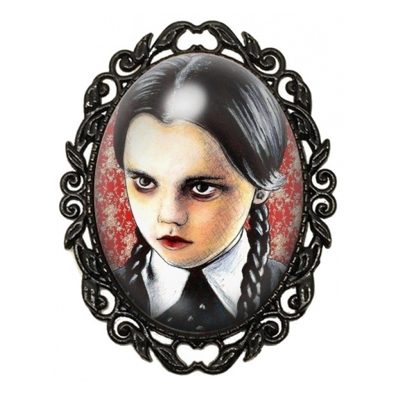 Broche Noire avec Cabochon en Verre Mercredi Gothique