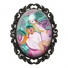 Broche Noire avec Cabochon en Verre Oiseau Coloré pour la Création de Bijoux Fantaisie - DIY