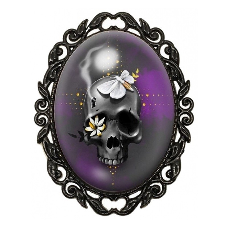 Broche Noire avec Cabochon en Verre Crâne Gothique