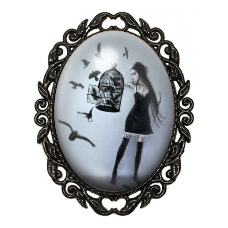 Broche Noire avec Cabochon en Verre Femme Corbeaux Gothique