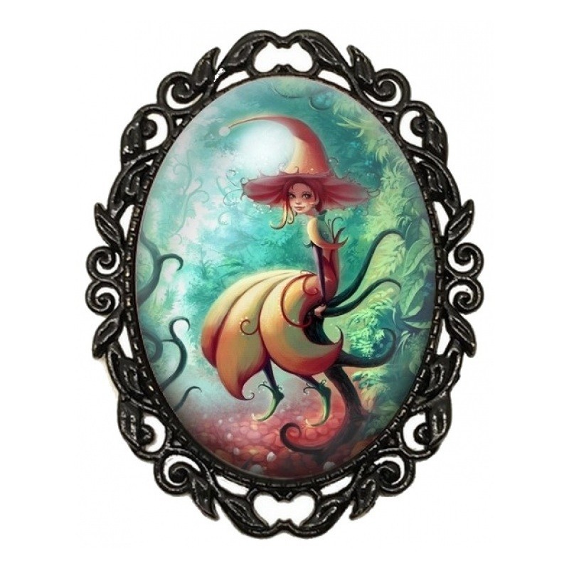 Broche Noire avec Cabochon en Verre Fée de la Nature