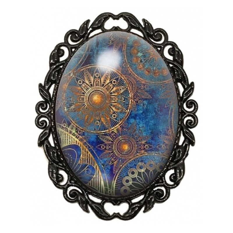 Broche Noire avec Cabochon en Verre Abstrait Bleu et Doré