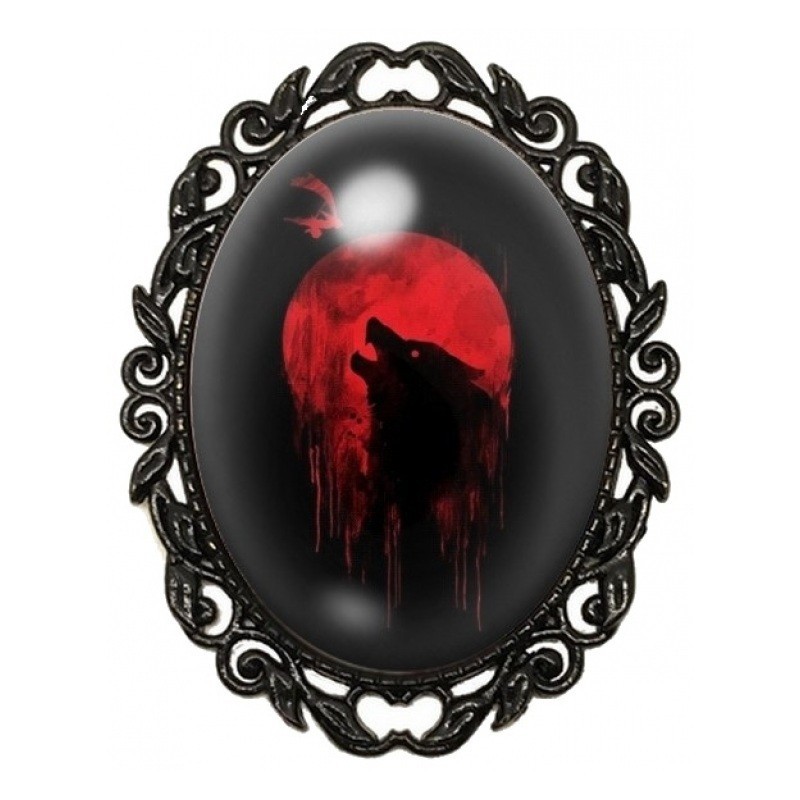 Broche Noire avec Cabochon en Verre Loups sous la Lune Rouge