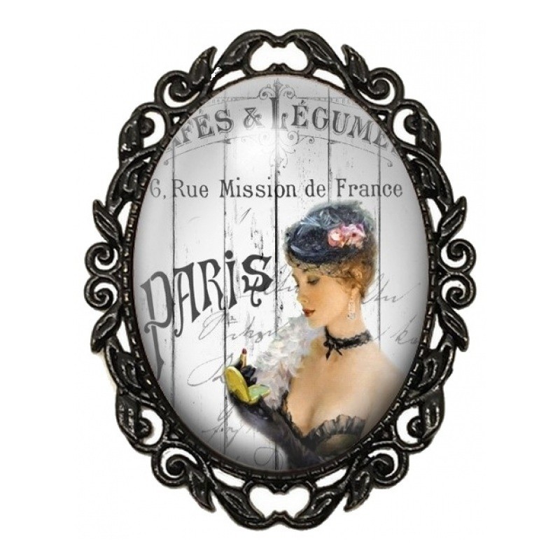 Broche Noire avec Cabochon en Verre Élégante Parisienne Vintage