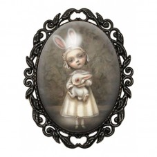 Broche Noire avec Cabochon en Verre Petite Fille Lapin pour la Création de Bijoux Fantaisie - DIY