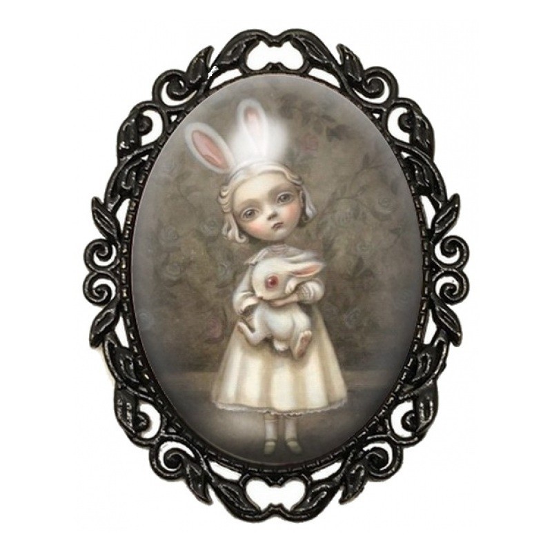 Broche Noire avec Cabochon en Verre Petite Fille au Lapin