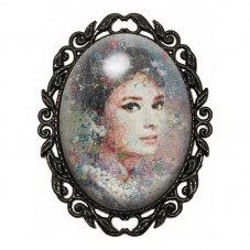 Broche Noire avec Cabochon en Verre Audrey Hepburn Aquarelle pour la Création de Bijoux Fantaisie - DIY